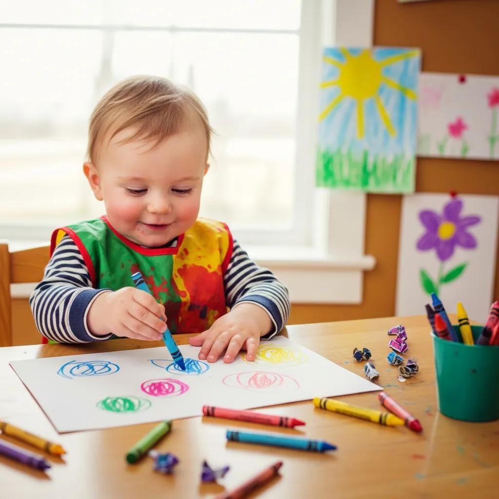 Toddler focusing on an art project with crayons, highlighting fine motor skill development through creative play