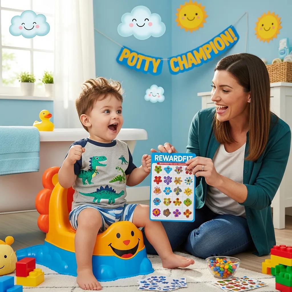 Toddler happily engaging in potty training with a colorful potty chair and a parent offering rewards.