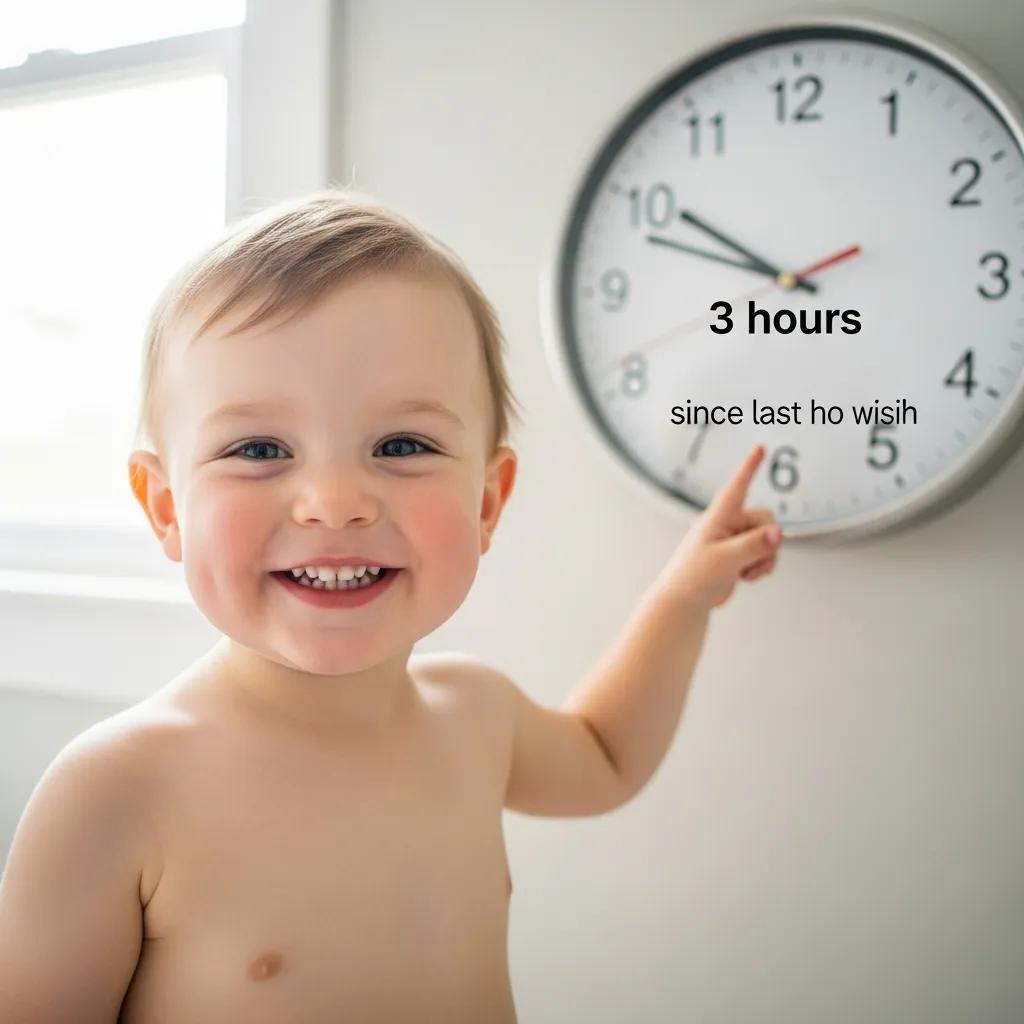 Toddler showing signs of potty training readiness by staying dry, with a smiling expression reflecting achievement.