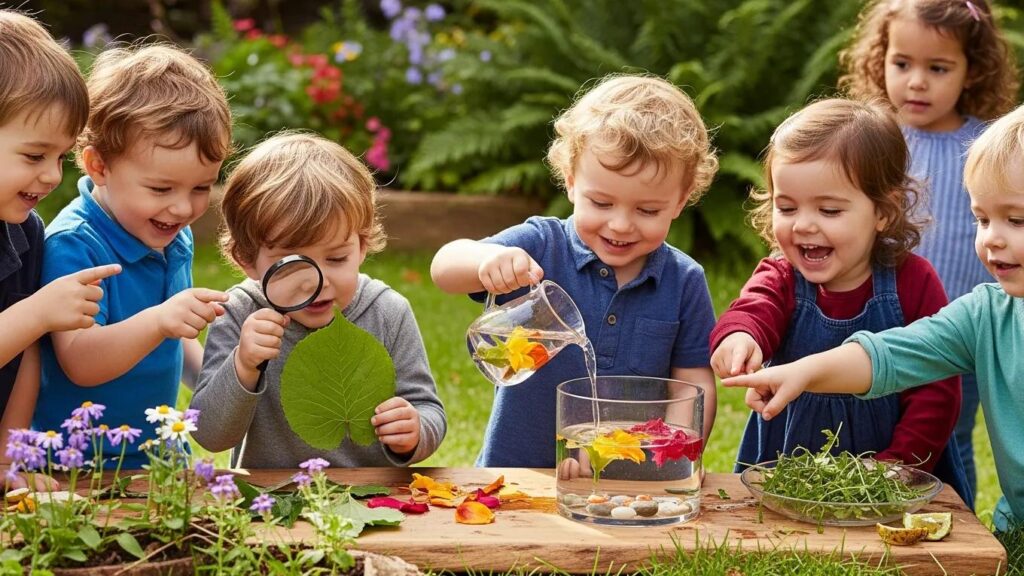 Toddlers and preschoolers exploring science concepts with natural materials outdoors.