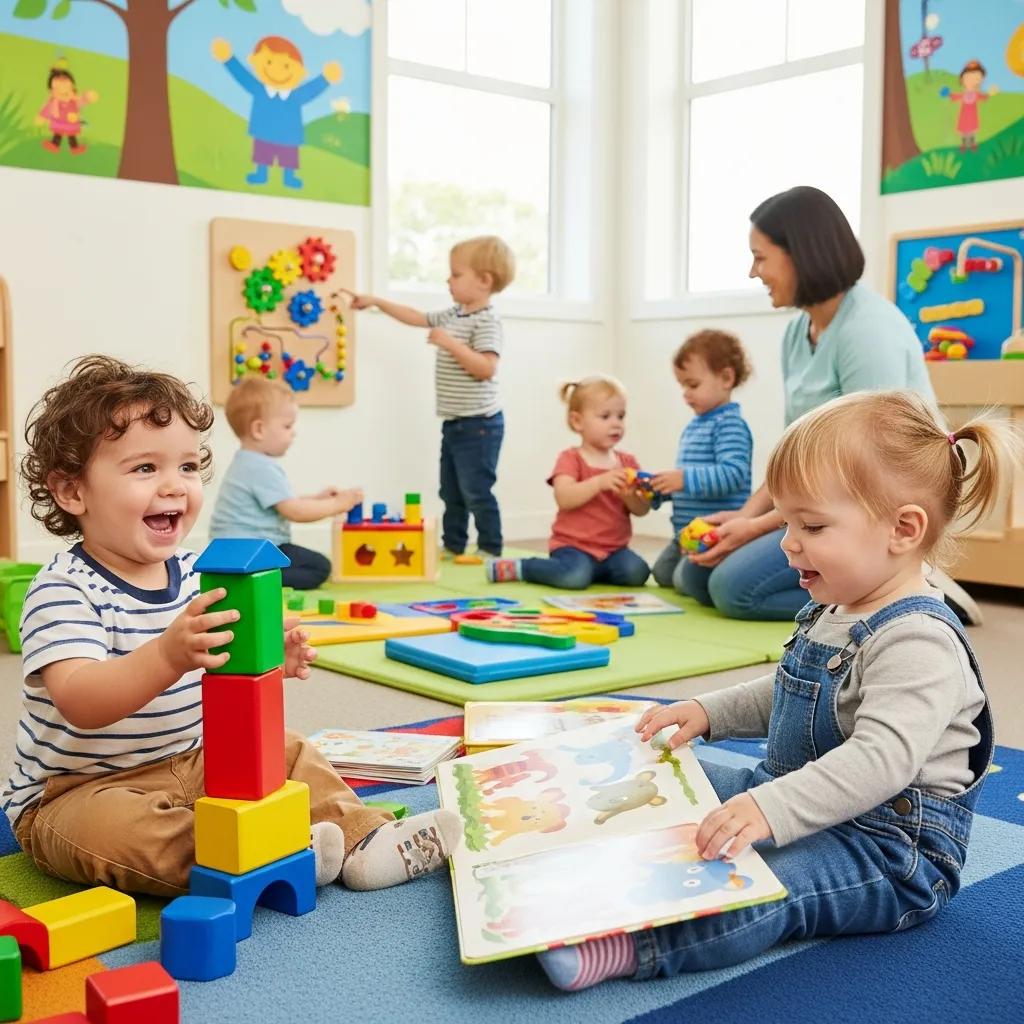Toddlers engaged in play-based learning activities in a colorful daycare setting, promoting early childhood education.