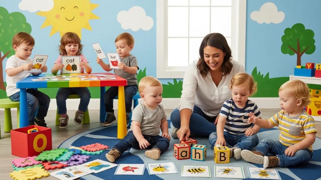 Toddlers engaging in phonological awareness games with a caregiver, enhancing early literacy skills