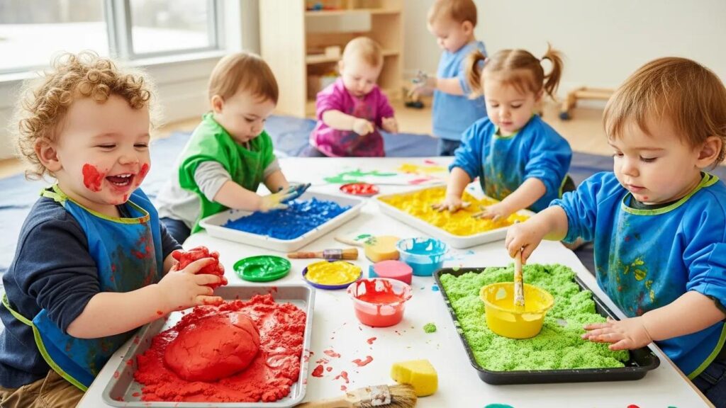 Toddlers exploring sensory art activities for cognitive engagement and fine motor skill development