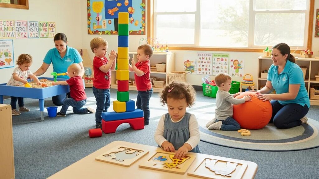 Toddlers participating in interactive play activities that foster social and motor skills