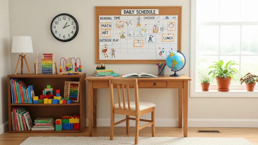 Visual of a structured home learning schedule with educational materials