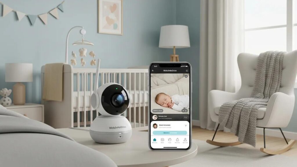 WatchMeGrow baby monitor setup in a cozy nursery highlighting safety and parental connection