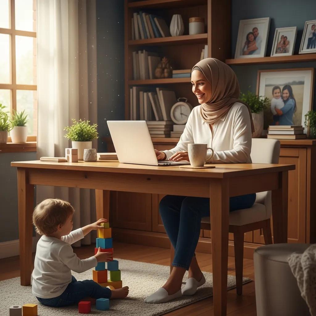Working parent balancing home life and productivity in a cozy home office environment