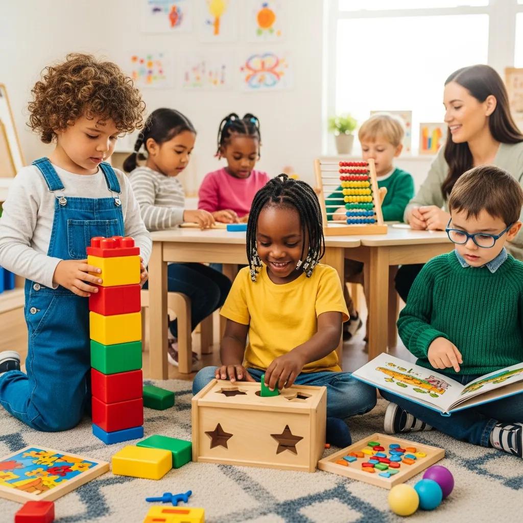 Young children playing with educational toys to signify developmental screenings