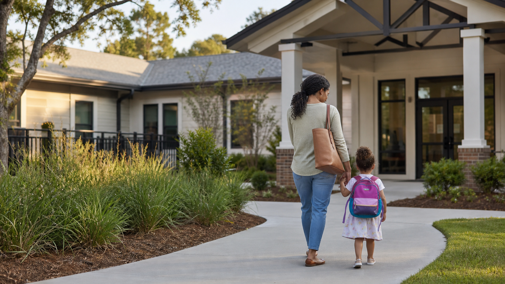 Parent and preschool child walking toward a welcoming childcare entrance