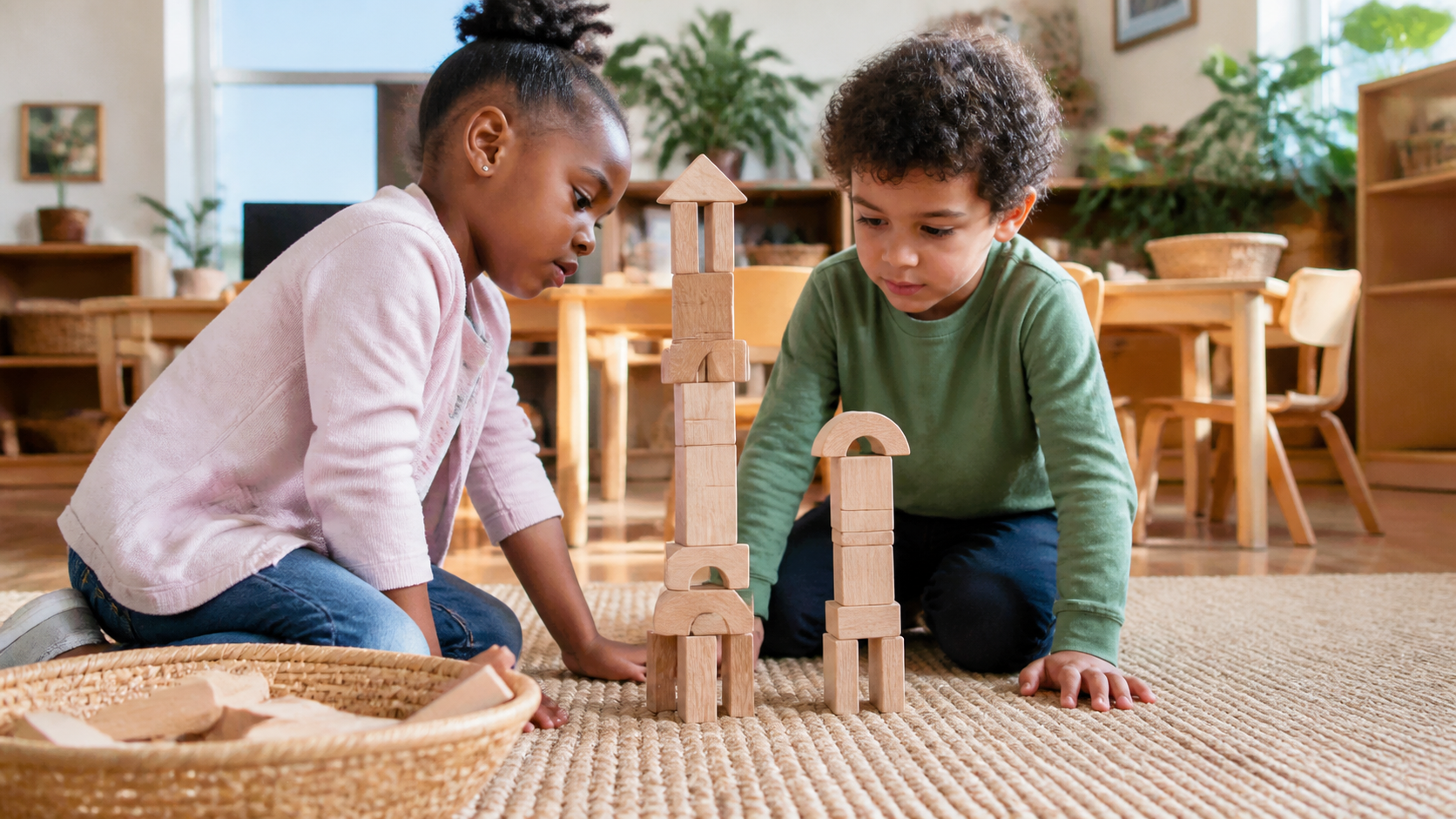 Two preschool children comparing the height of wooden block towers