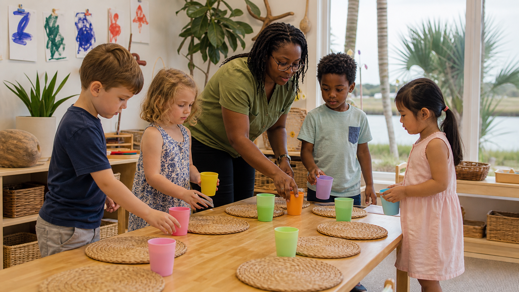 Preschool children matching cups to places while setting a snack table