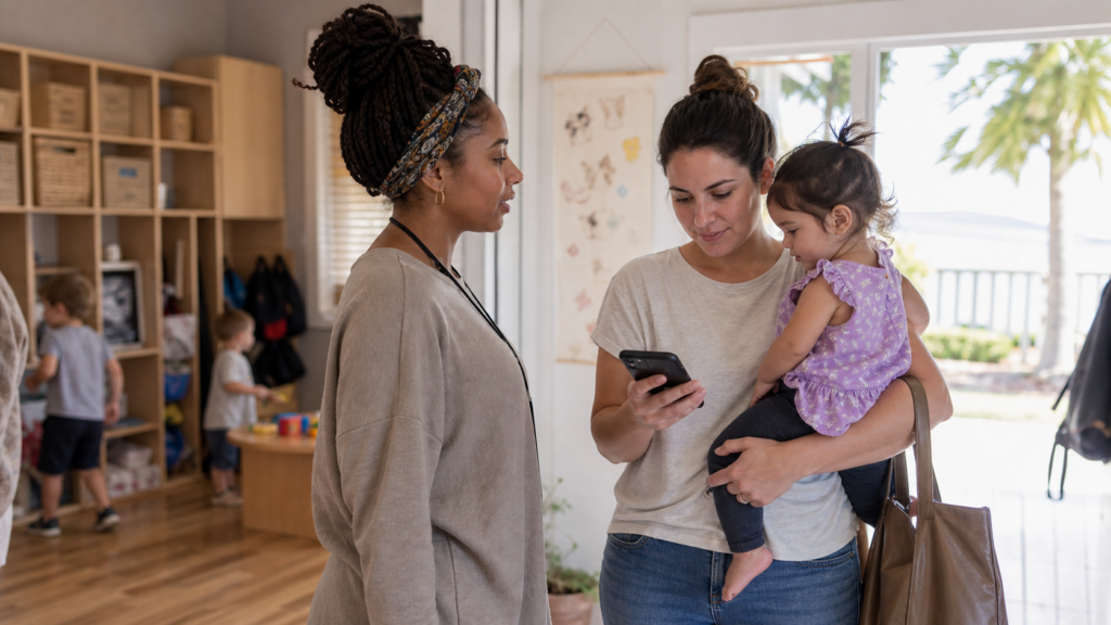 Parent reviewing a childcare update on a phone while speaking with a teacher
