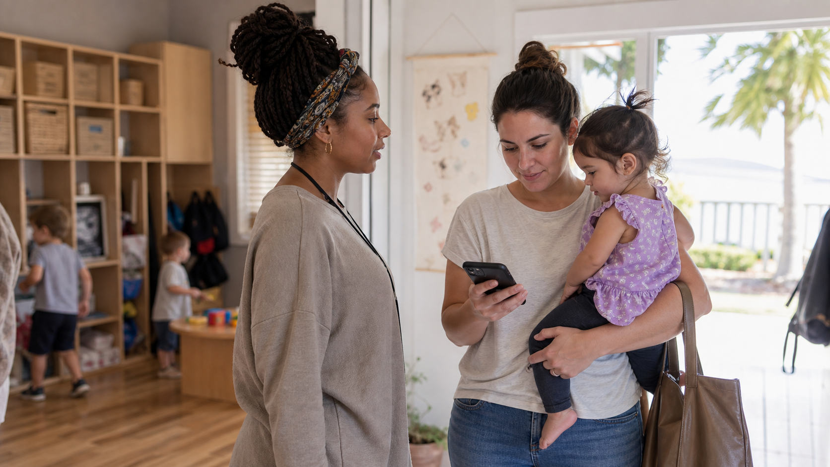 Parent reviewing a childcare update on a phone while speaking with a teacher