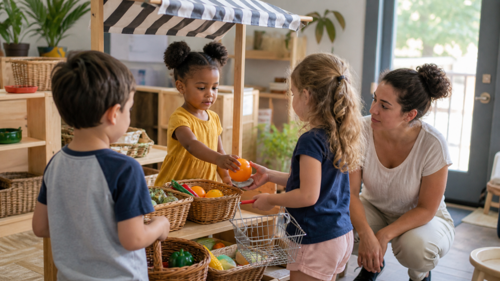 Preschool children cooperating in a pretend grocery store