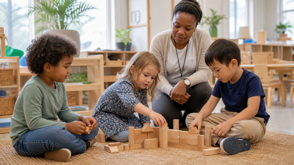 Preschool children planning a wooden block structure with their teacher nearby