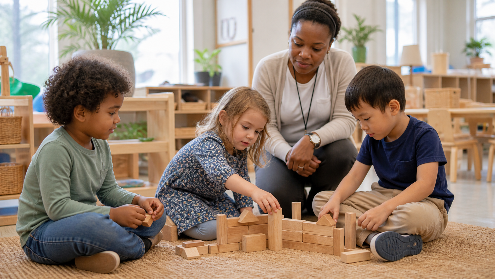 Preschool children planning a wooden block structure with their teacher nearby
