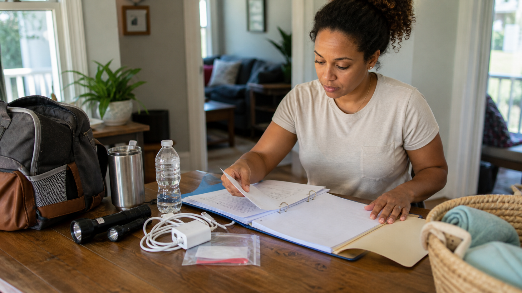 Parent organizing a hurricane contact folder and emergency supplies