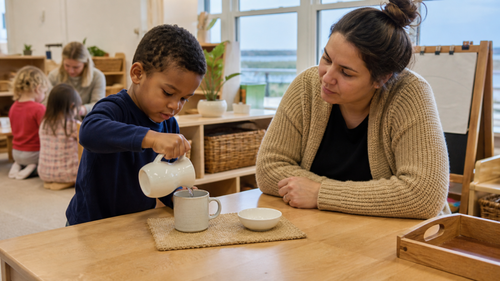 Preschool child pouring water from a small pitcher with a teacher nearby