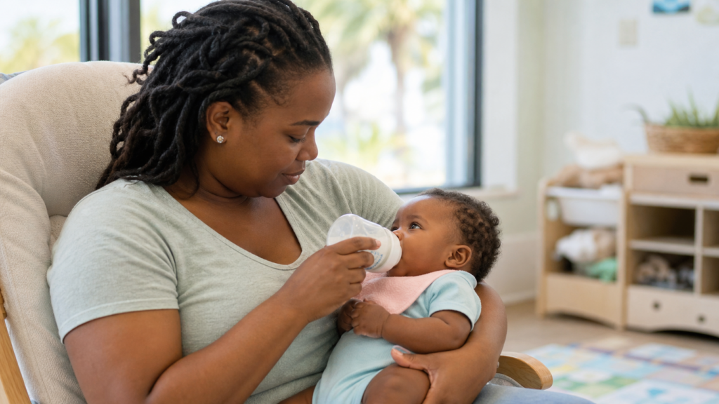 Caregiver bottle-feeding an infant in a bright childcare room