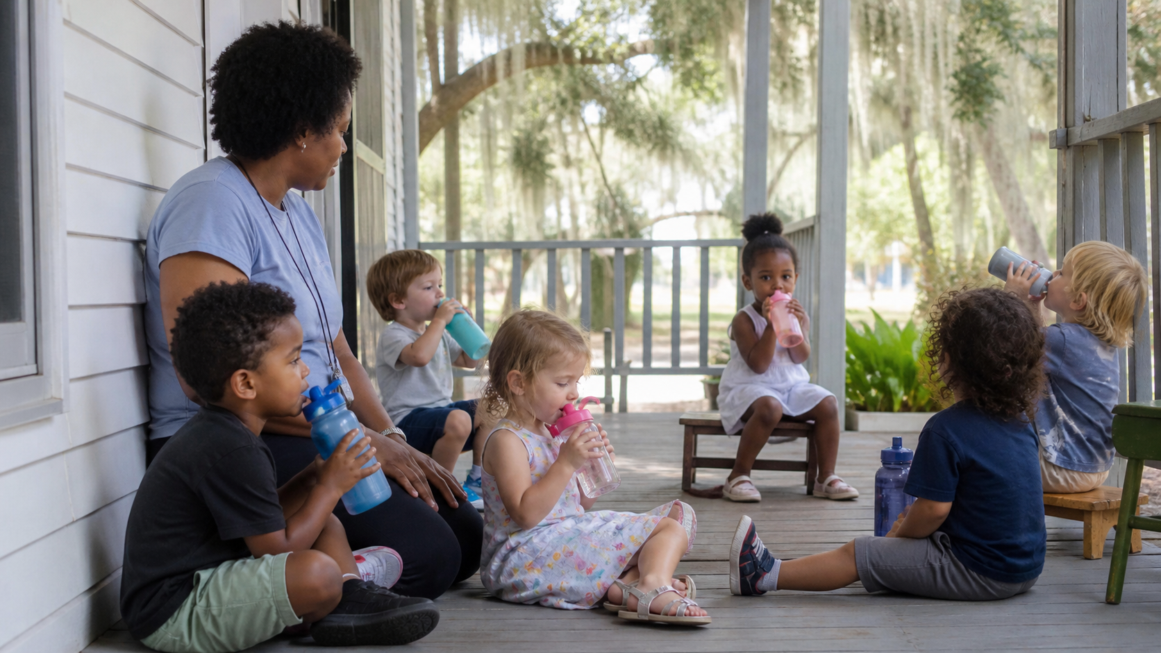 Preschool children drinking water during a shaded outdoor break