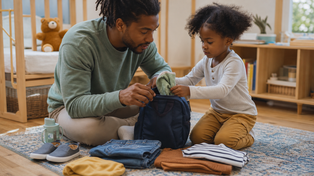 Parent and young child packing a daycare backpack together