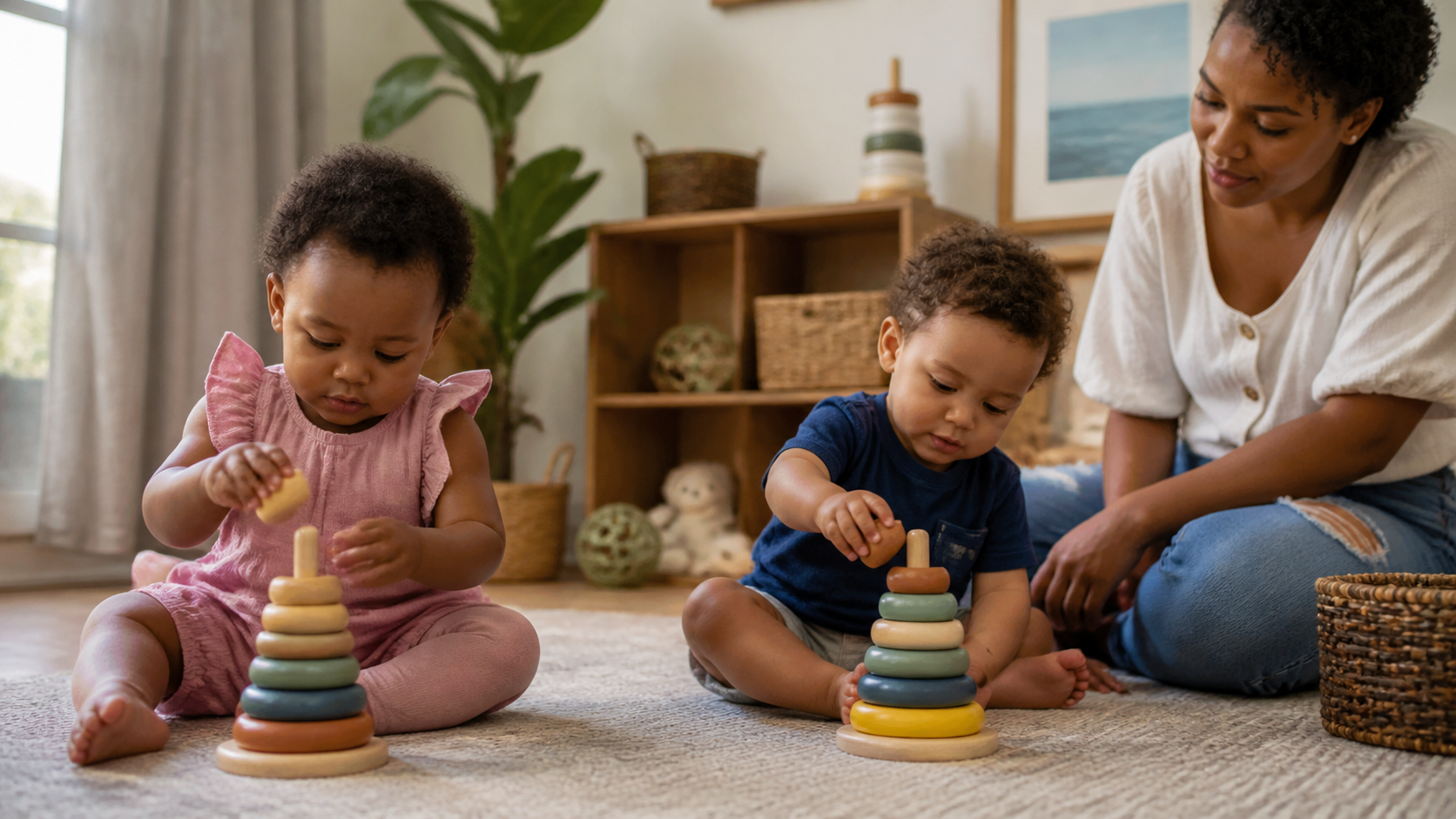 Two toddlers playing side by side with wooden stacking toys