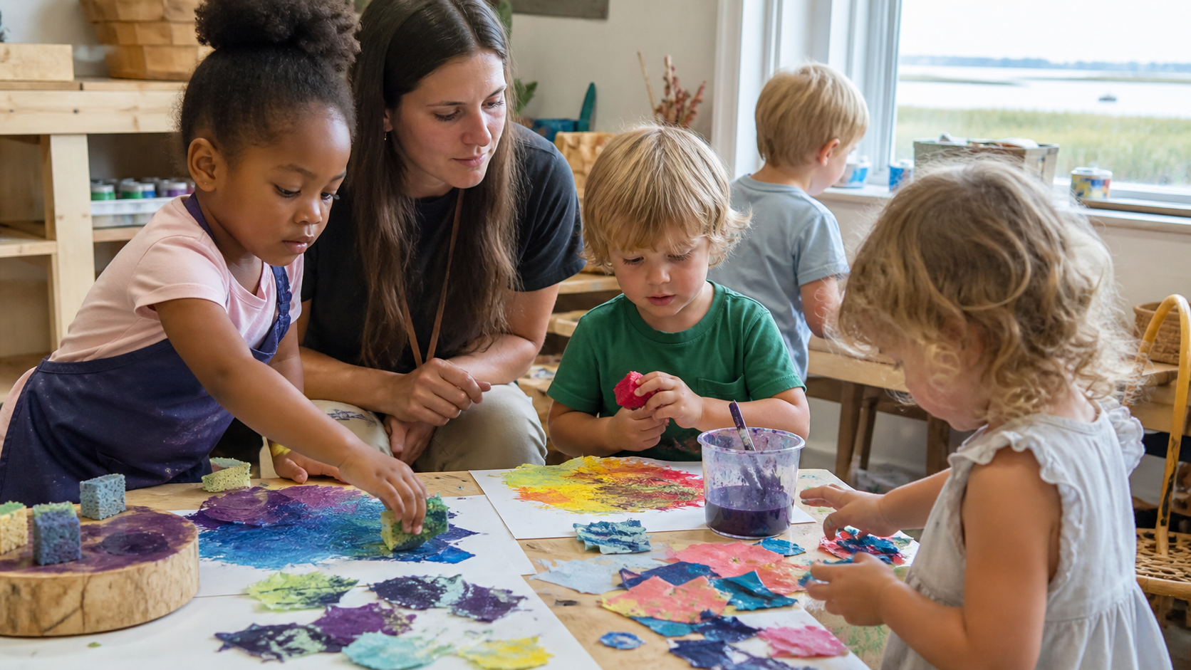 Preschool children exploring paint and collage materials at an art table