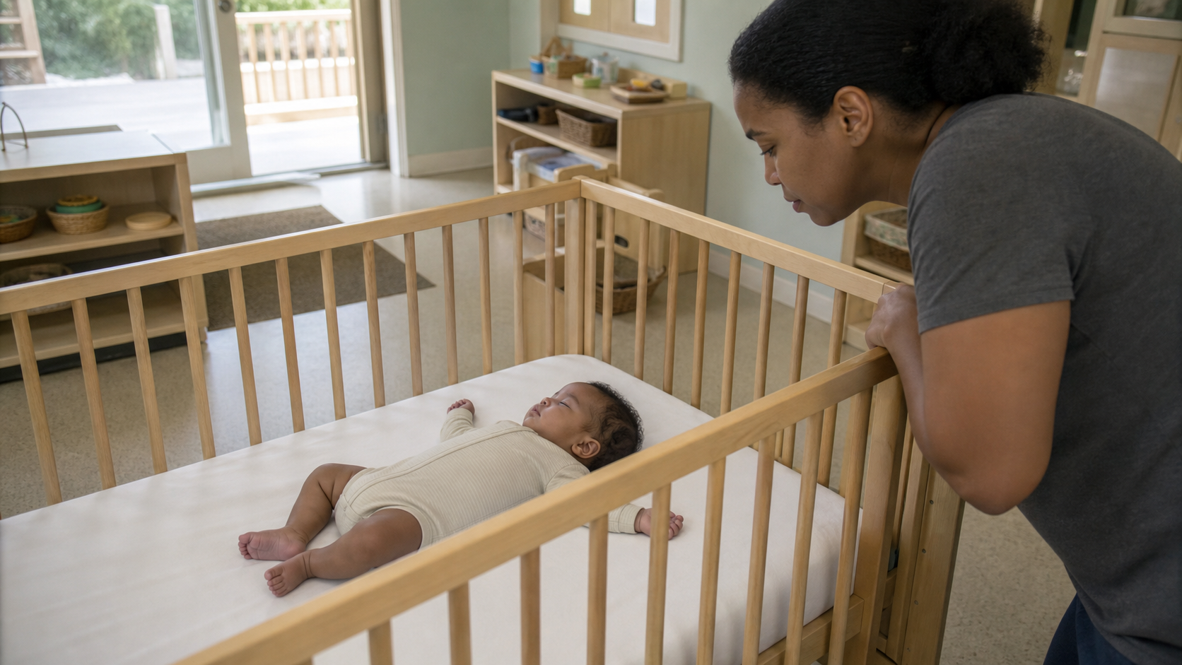 Infant sleeping on their back in a bare crib while a caregiver observes