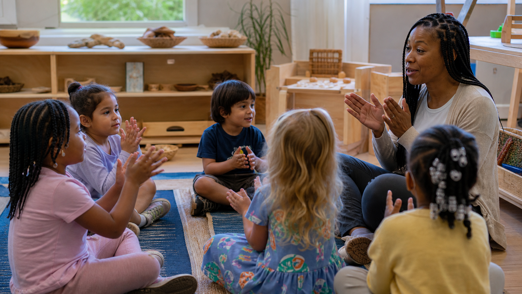 Teacher leading preschool children in a clapping rhyme