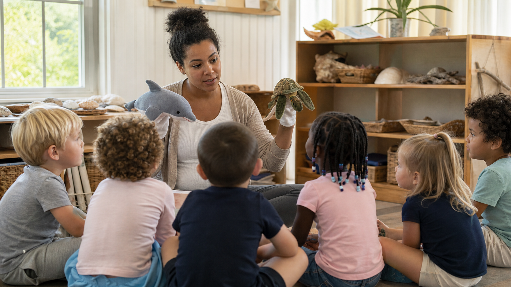 Teacher using animal puppets during preschool storytelling