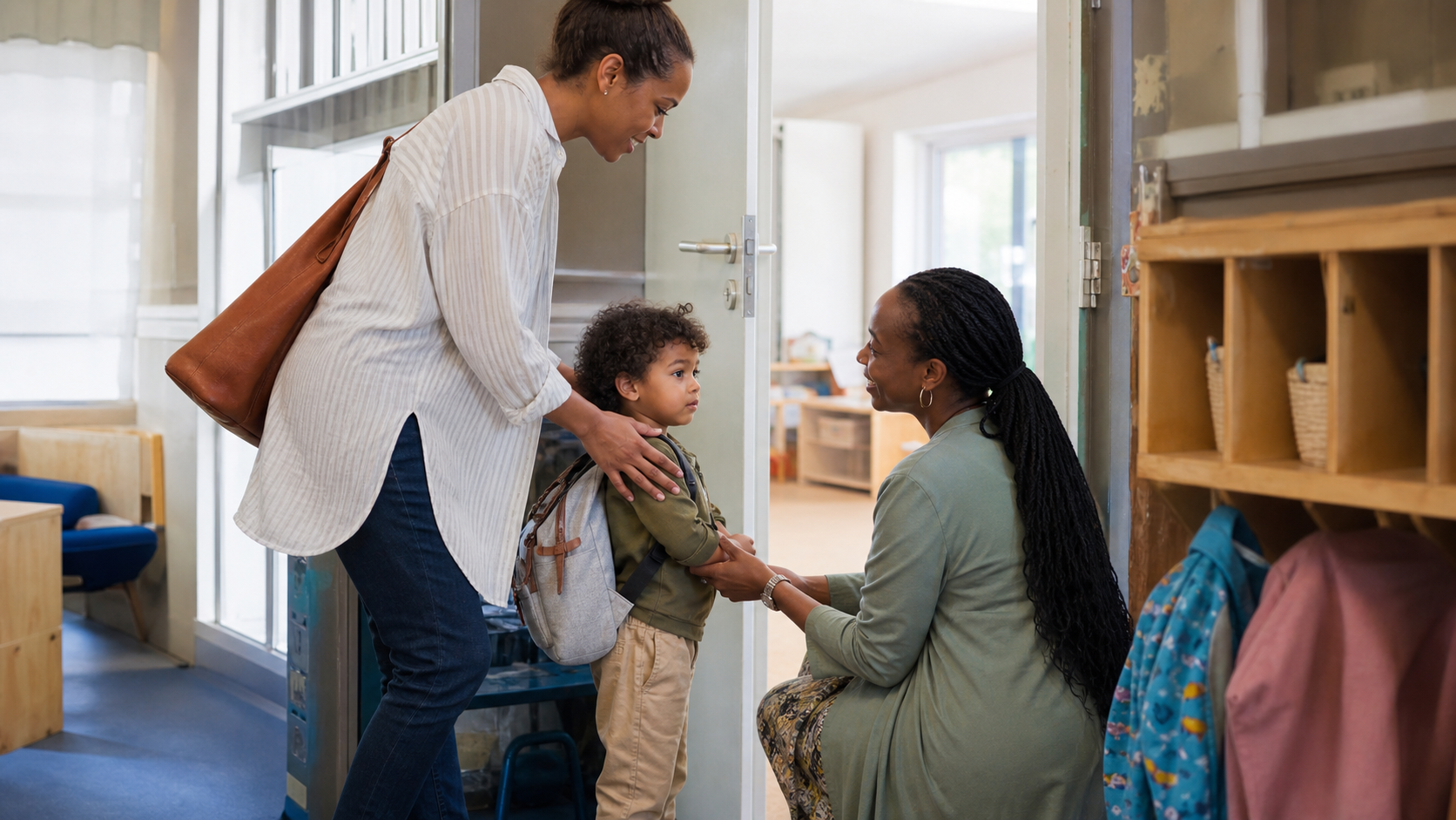 Parent completing a calm toddler handoff with a classroom teacher