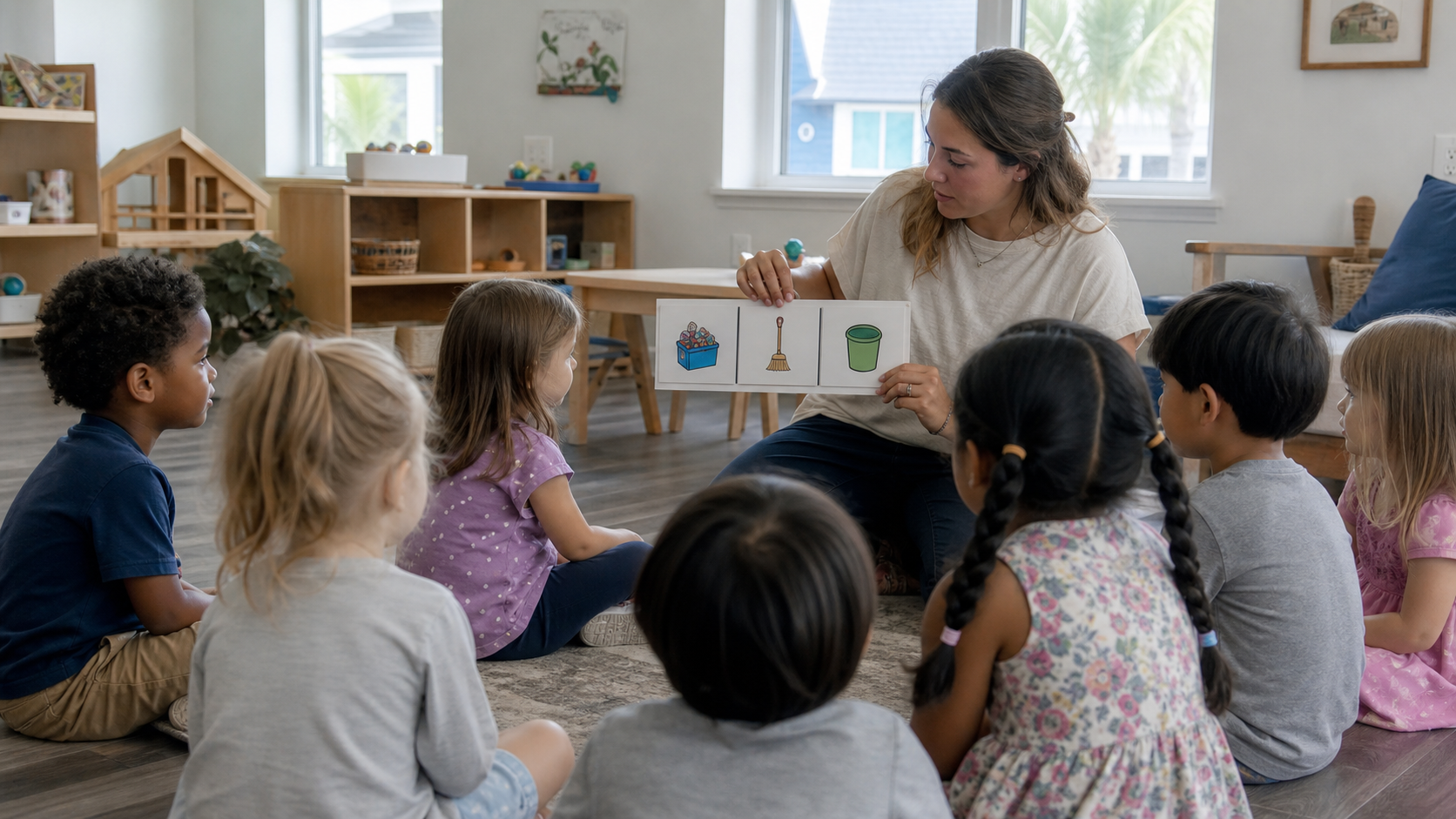Teacher showing preschool children a simple three-picture classroom routine